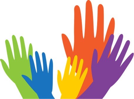 series of 5 colorful raised hands
